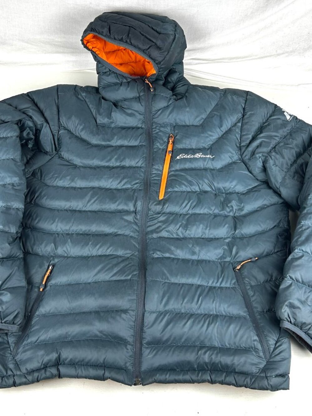 Eddie Bauer First Ascent EB800 Down Jacket Mens Large Slate Orange Hooded